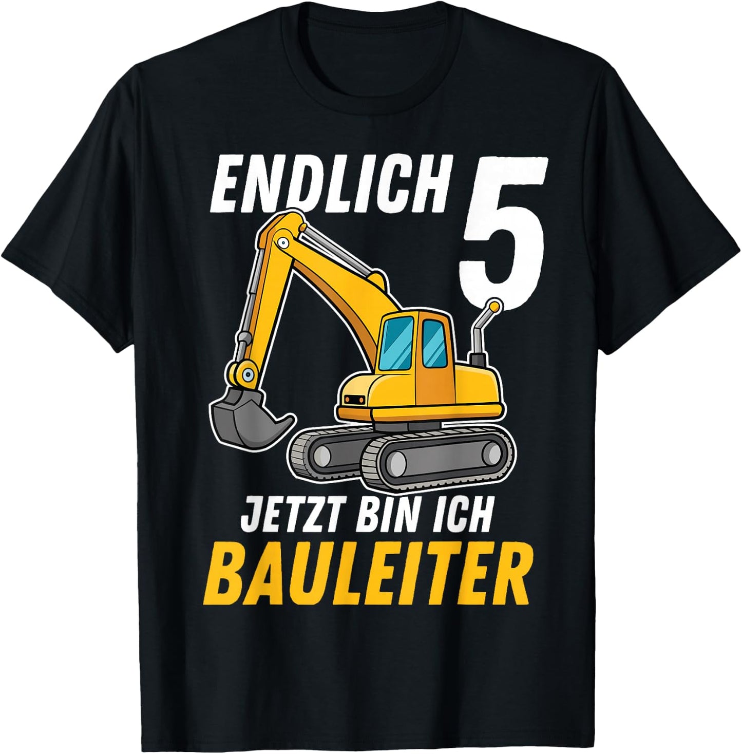 Children's 5th Birthday Boy Decoration Digger Birthday 5 Years , black T-Shirt - T-Shirt | Black