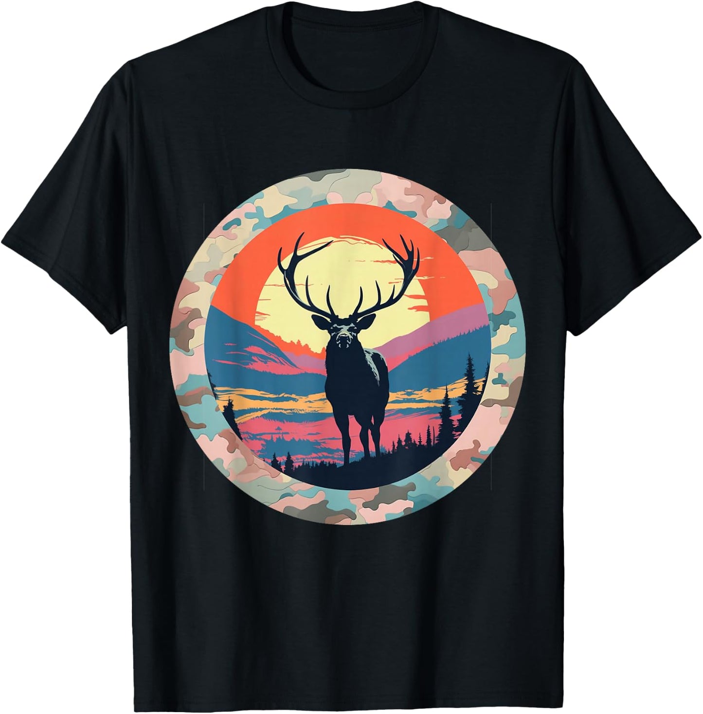 Elk Silhouette Under Full Moon – Nature at Night Wildlife T-Shirt - T-Shirt | Black