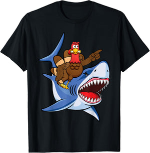 Turkey Riding Shark Thanksgiving Gift Kids Boys Men T-Shirt - T-Shirt | Black