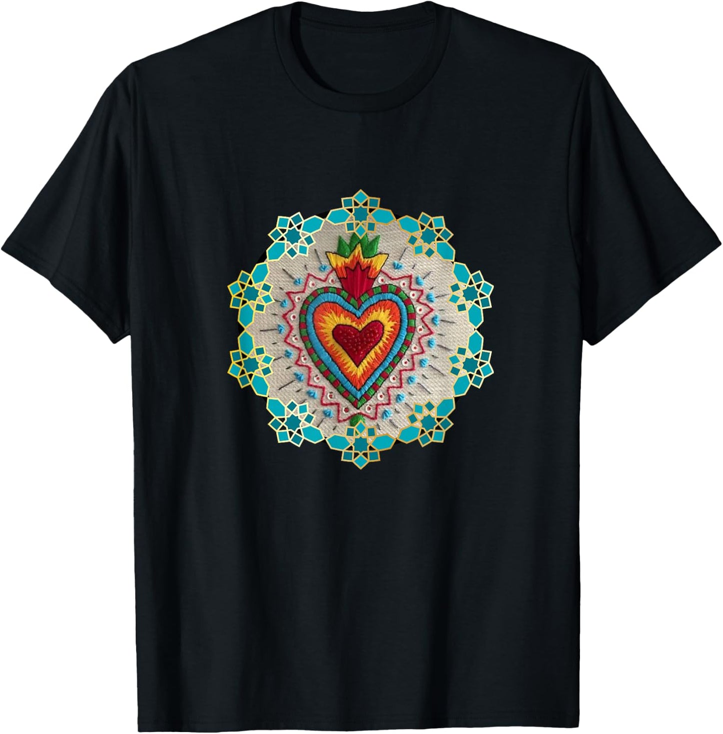 Retro Sacred Heart Mexican Folk Art Tops Sagrado Corazón MX T-Shirt - T-Shirt | Black