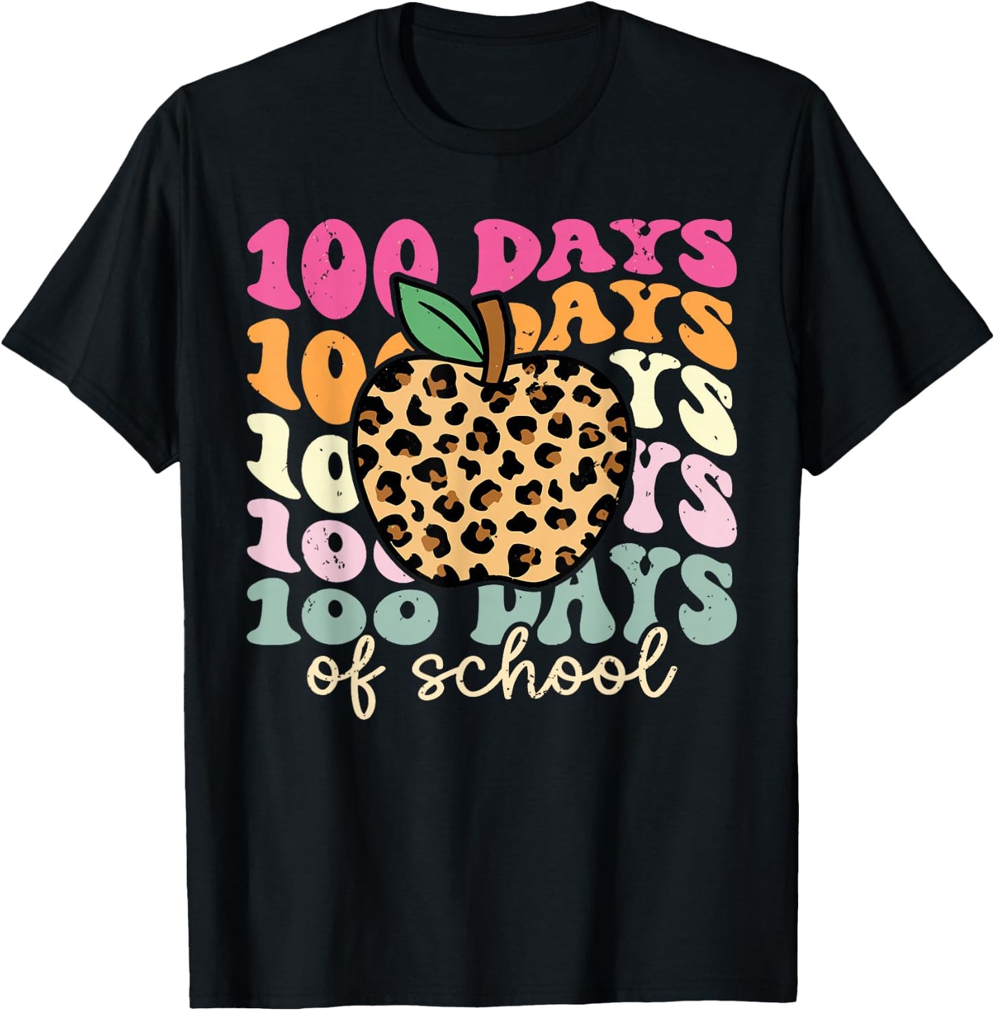 Retro 100 Days of School Leopard Teacher 100th Day of School T-Shirt - T-Shirt | Black