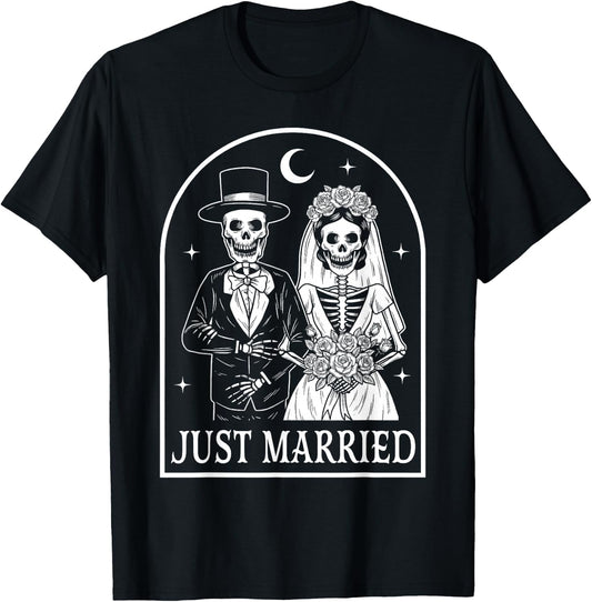 Just Married Skeleton Couples Groom Bride Gothic Halloween T-Shirt - T-Shirt | Black