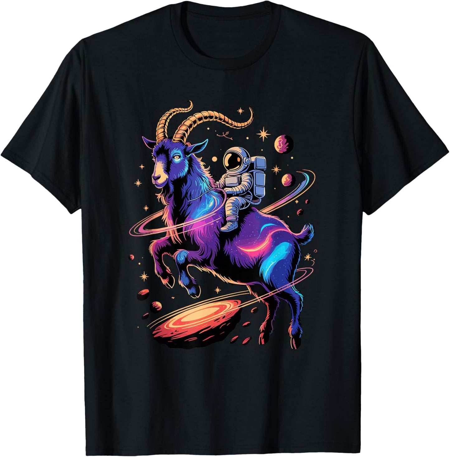 Astronaut Rides Goat Space Stars Comets Galaxy Planets T-Shirt - T-Shirt | Black