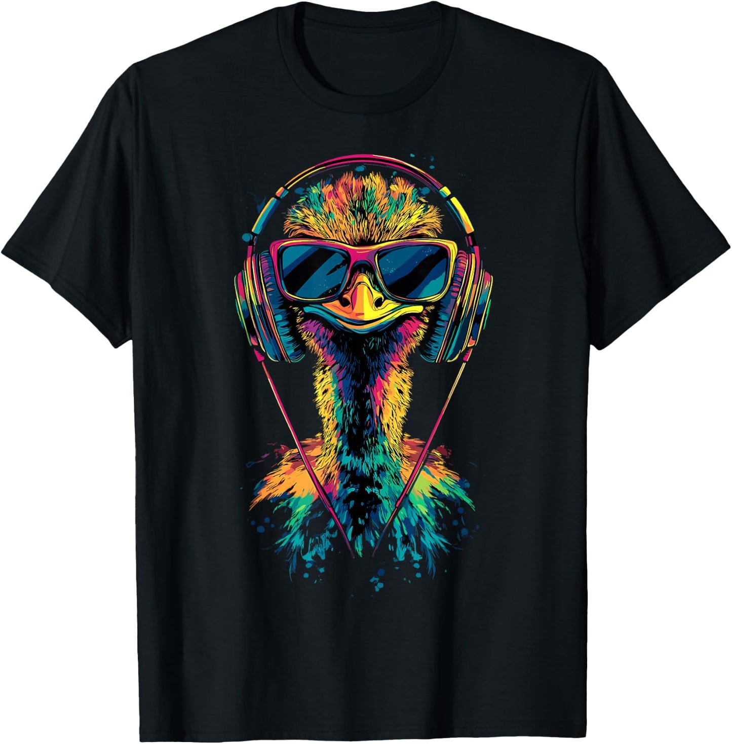 Strauss Bird Ostrich with Headphones Colourful Emu Music DJ Bouquets , black T-Shirt - T-Shirt | Black