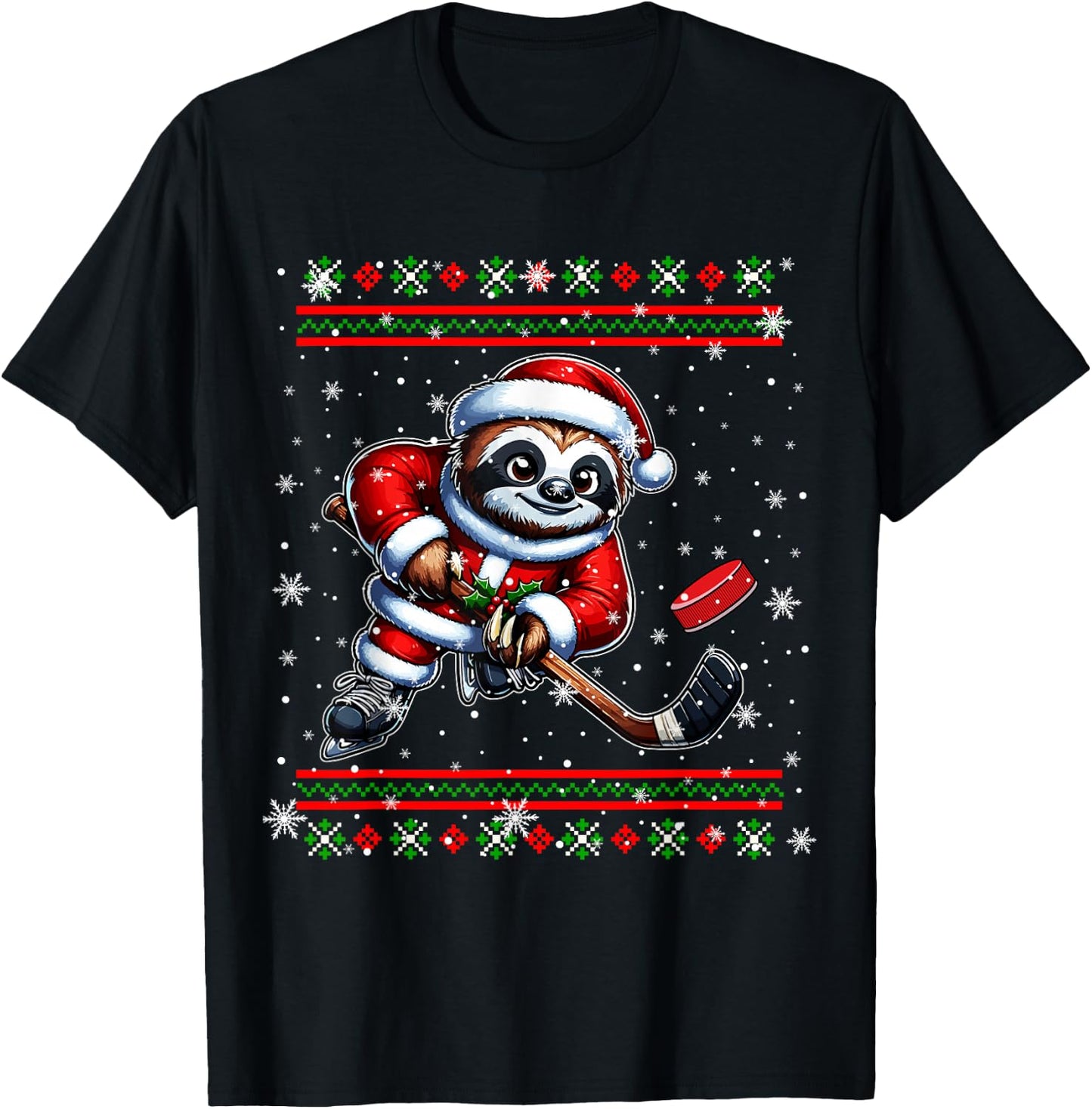 Santa Sloth Playing Hockey Christmas Sweater Player Lover T-Shirt - T-Shirt | Black