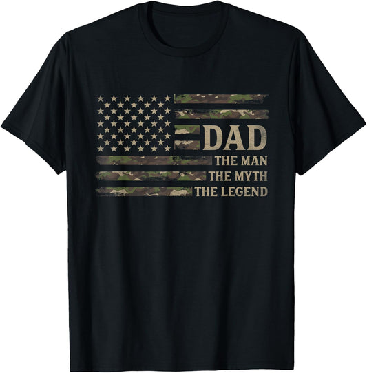 Dad Man Myth Legend Camo USA Flag Fathers Day Camourflage T-Shirt - T-Shirt | Black