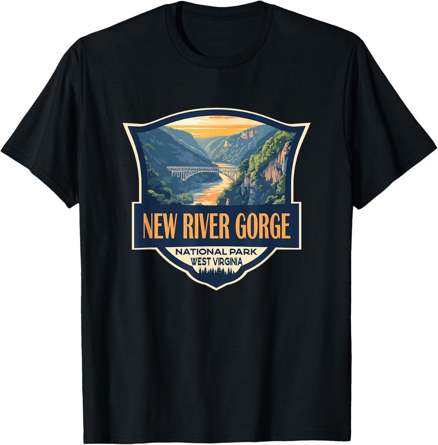 New River Gorge National Park Illustration Retro Badge T-Shirt - T-Shirt | Black