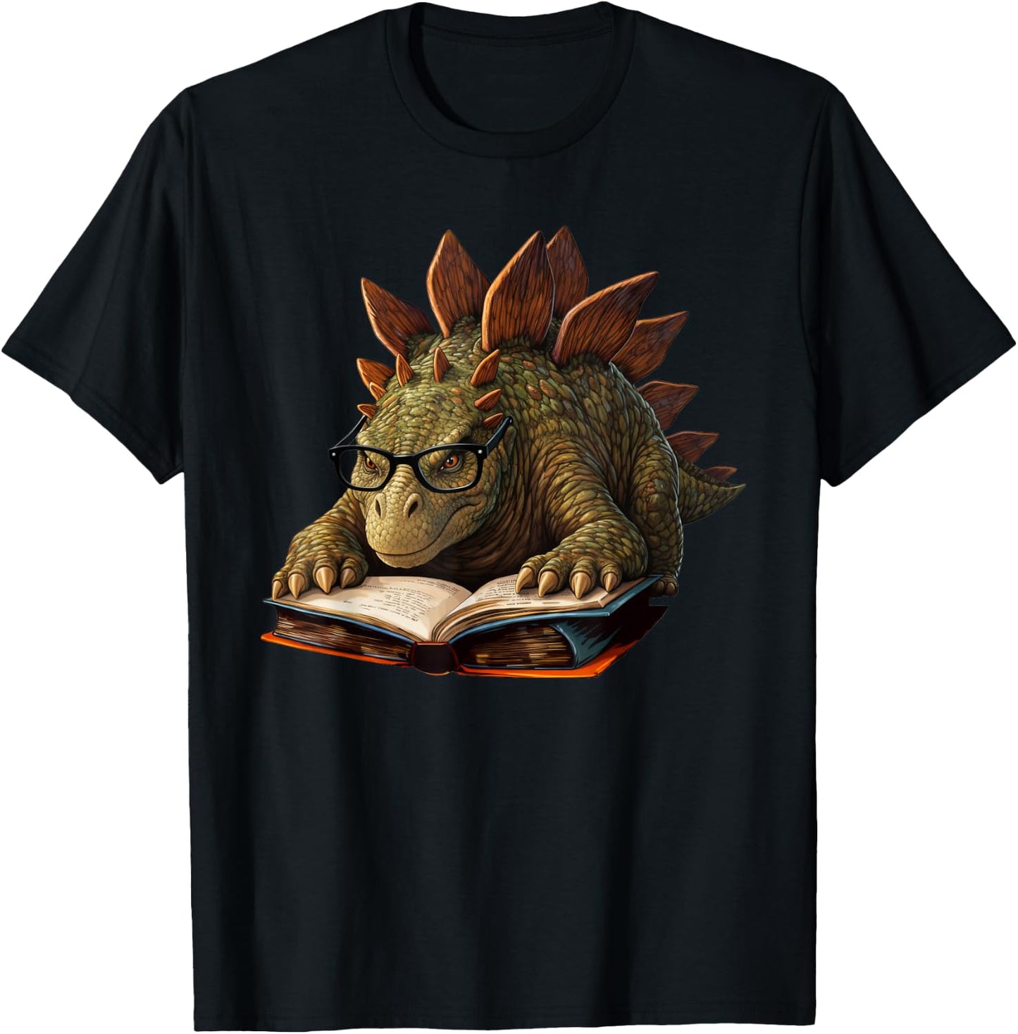 Stegosaurus Dinosaur Reading Book Nerd T-Shirt - T-Shirt | Black