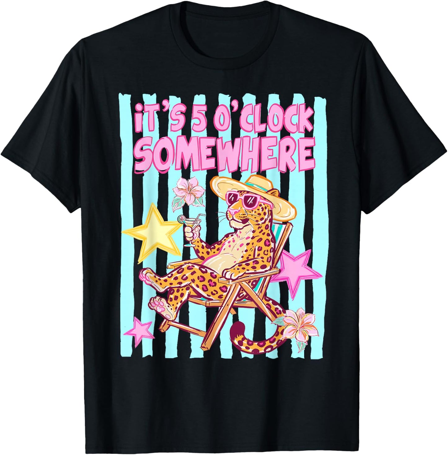 Striped It’s 5 O’Clock Somewhere Beach Vibes Leopard T-Shirt - T-Shirt | Black