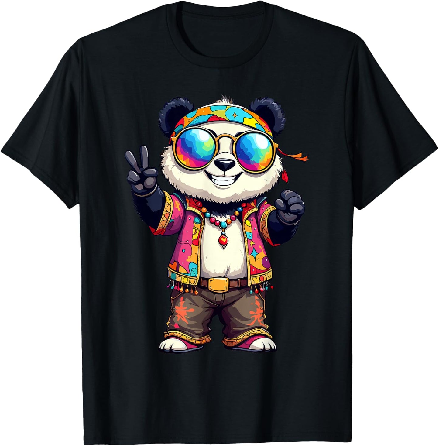 70s 60s Hippie Party Costume Groovy Panda Hippie T-Shirt - T-Shirt | Black