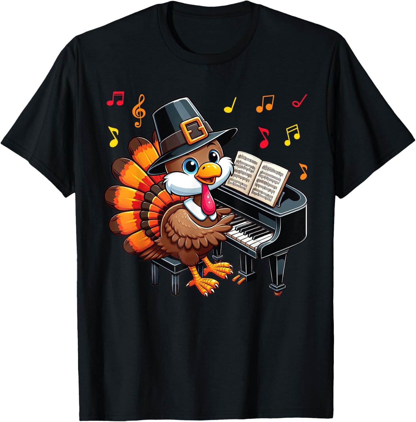 Funny Thanksgiving Turkey Playing Piano Music Lover T-Shirt - T-Shirt | Black