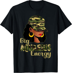Big Aquarius Energy Black Woman Camo Cap Hat Zodiac Sign T-Shirt - T-Shirt | Black