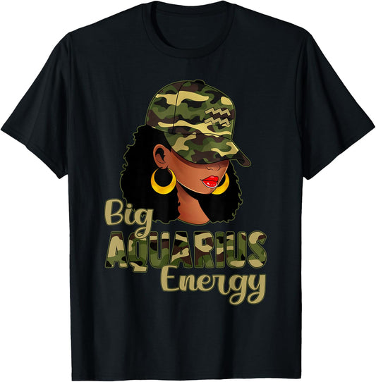Big Aquarius Energy Black Woman Camo Cap Hat Zodiac Sign T-Shirt - T-Shirt | Black