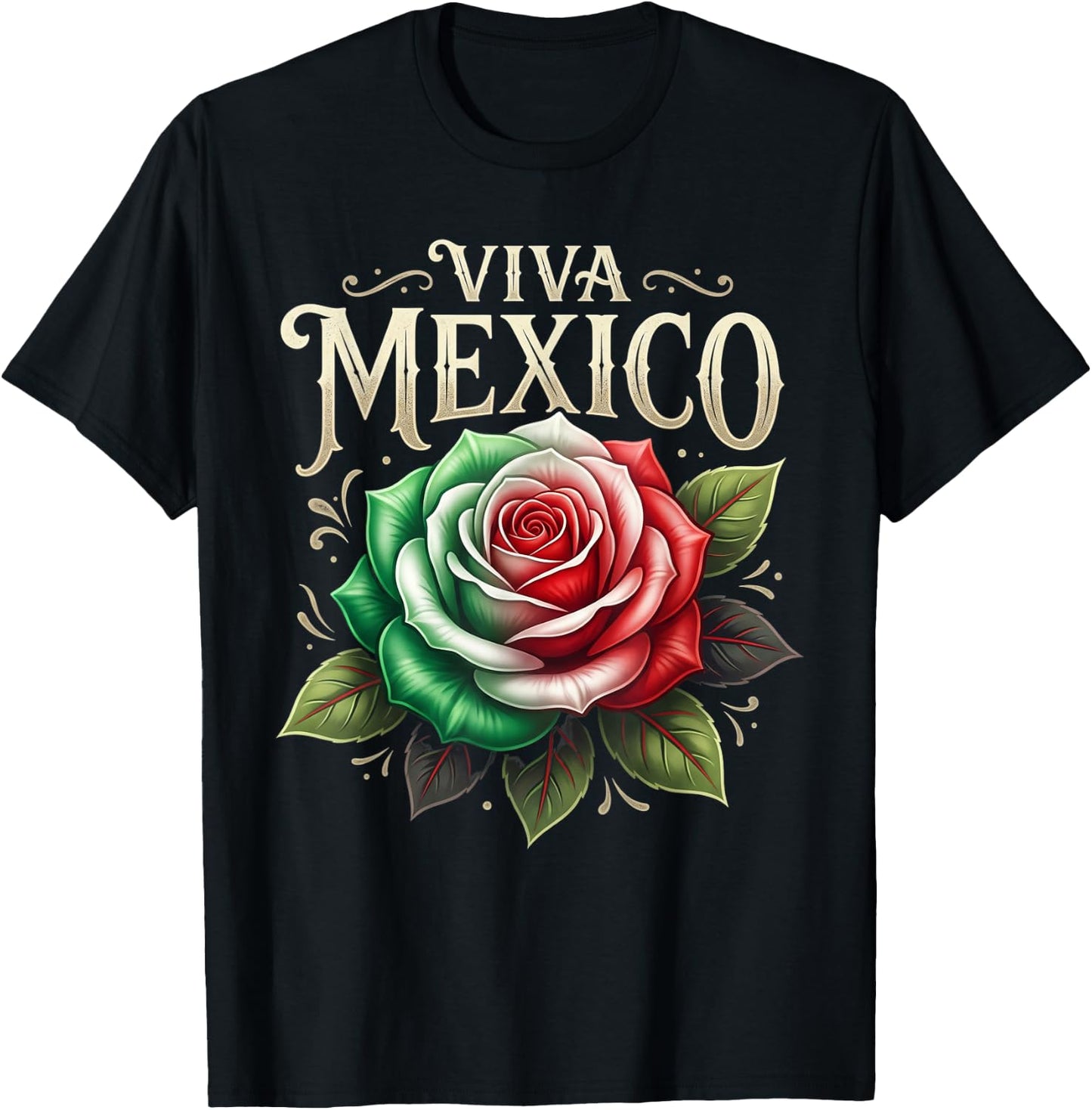 Viva Mexico Flag Rose Flower Independence Day Men Women Kids T-Shirt - T-Shirt | Black