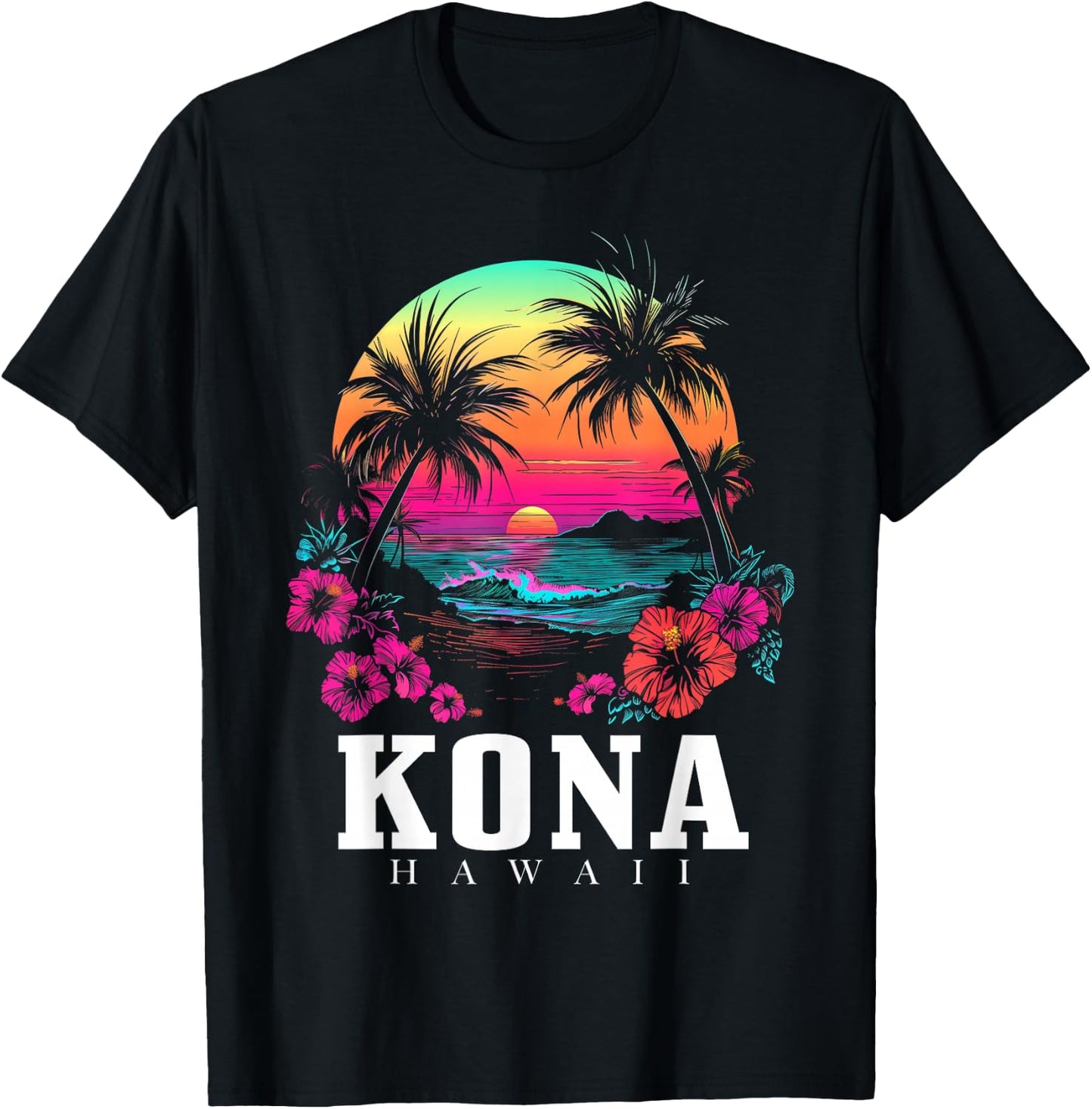 Kona Hawaii Hawaiian Hibiscus Flowers Surfer Souvenir T-Shirt - T-Shirt | Black