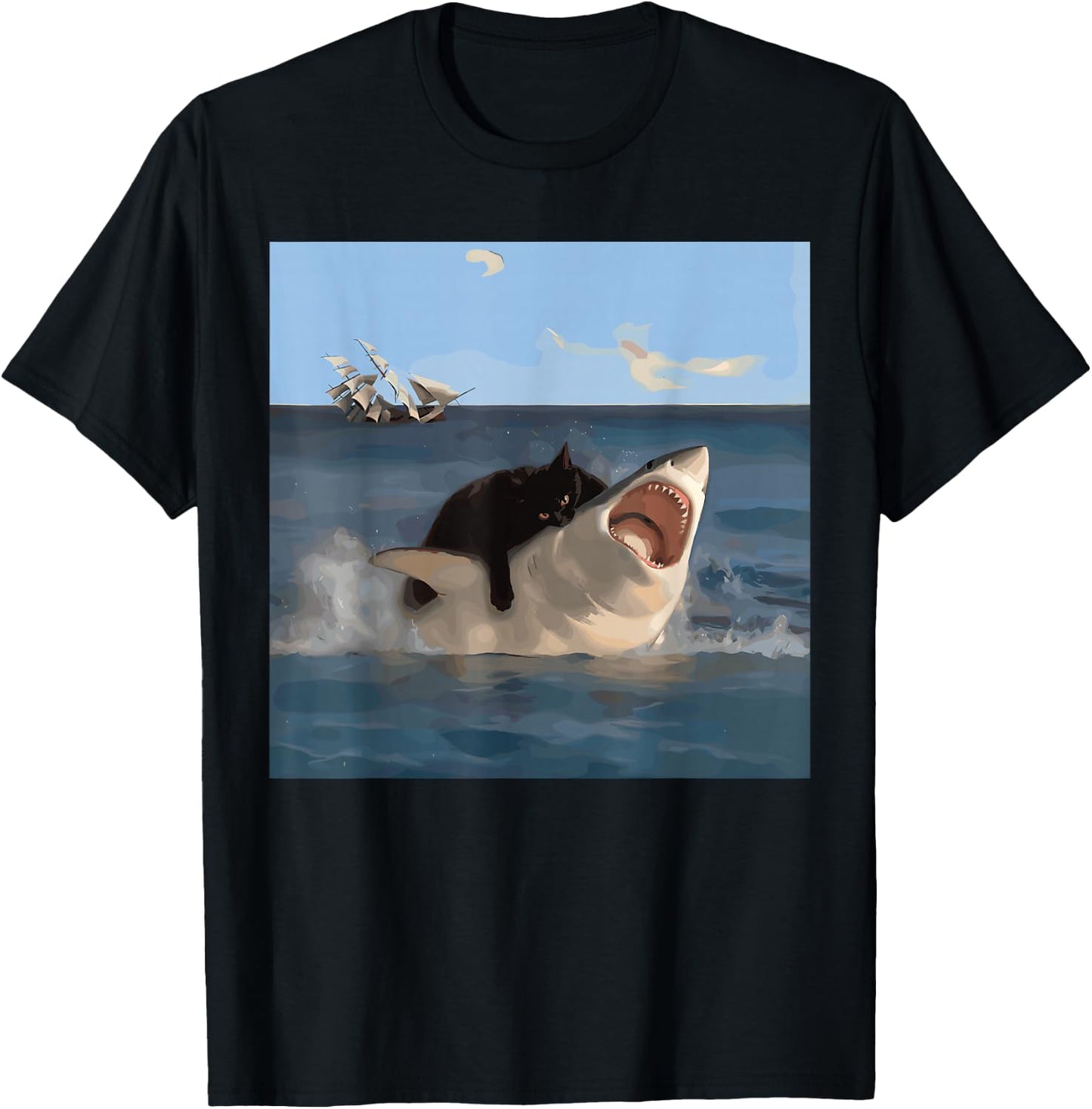 Cat Biting Shark Lustiger Kunst- und Katzenliebhaber Lustige Katze und Hai T-Shirt - T-Shirt | Black
