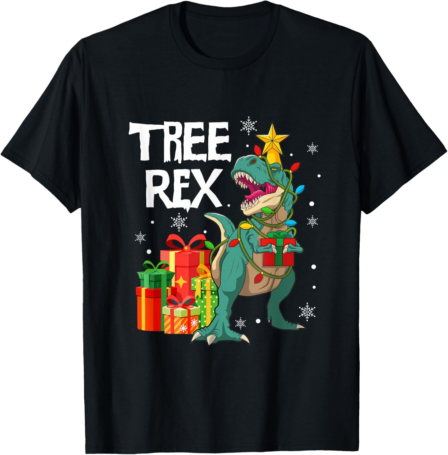 Dinosaur Christmas Tree Pajama Rex Reptile Men Xmas Lights T-Shirt - T-Shirt | Black