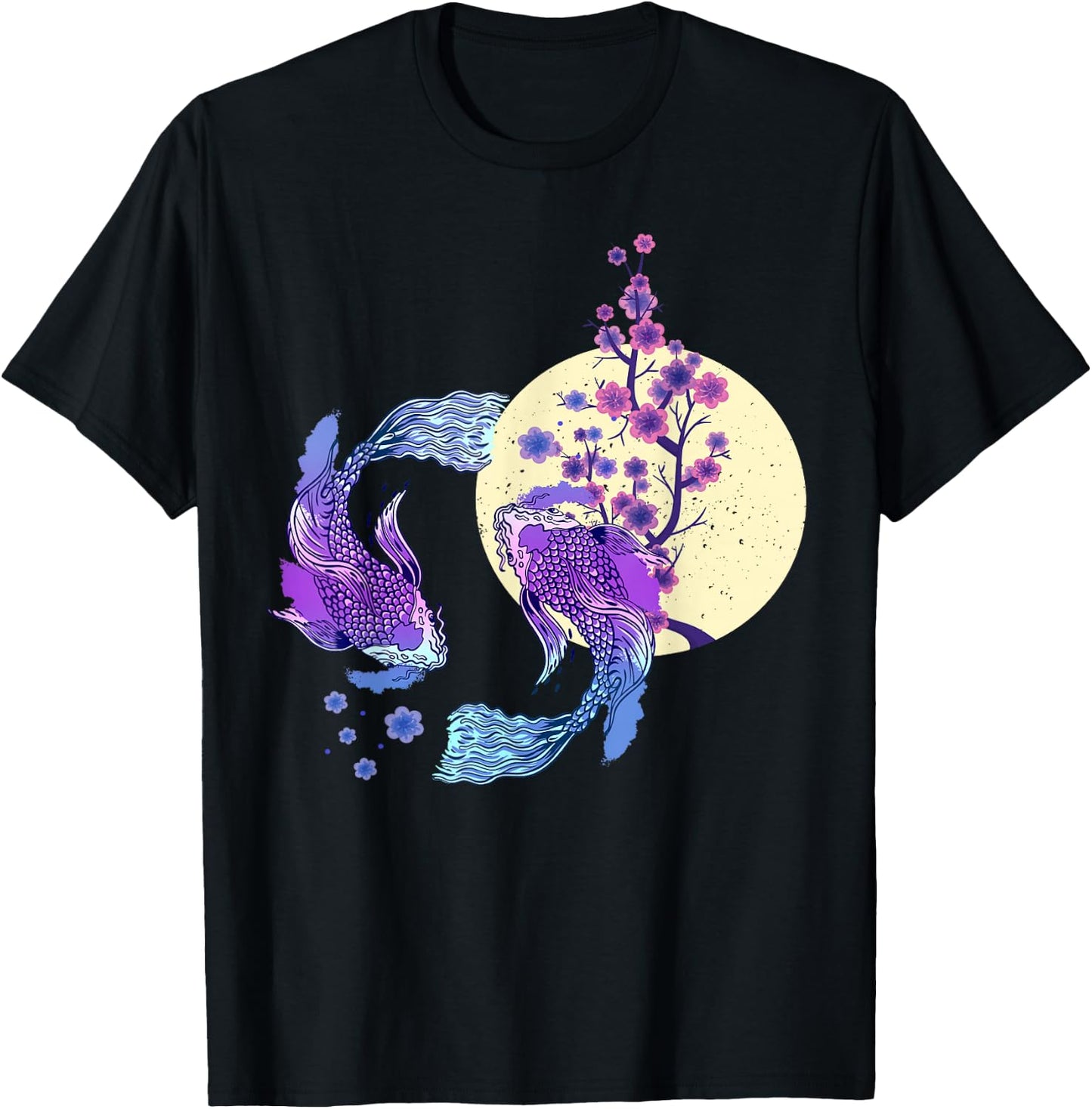 Koi Japanese Koi Carp Full Moon Yin Yang Cherry Blossom T-Shirt - T-Shirt | Black