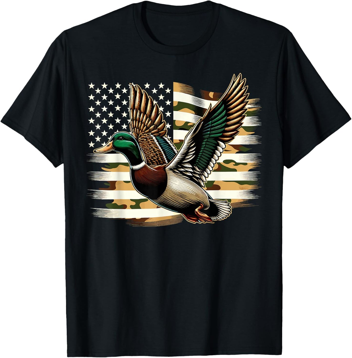 Duck Hunter Camouflage American Flag Hunting T-Shirt - T-Shirt | Black