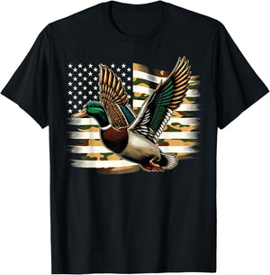 Duck Hunter Camouflage American Flag Hunting T-Shirt - T-Shirt | Black