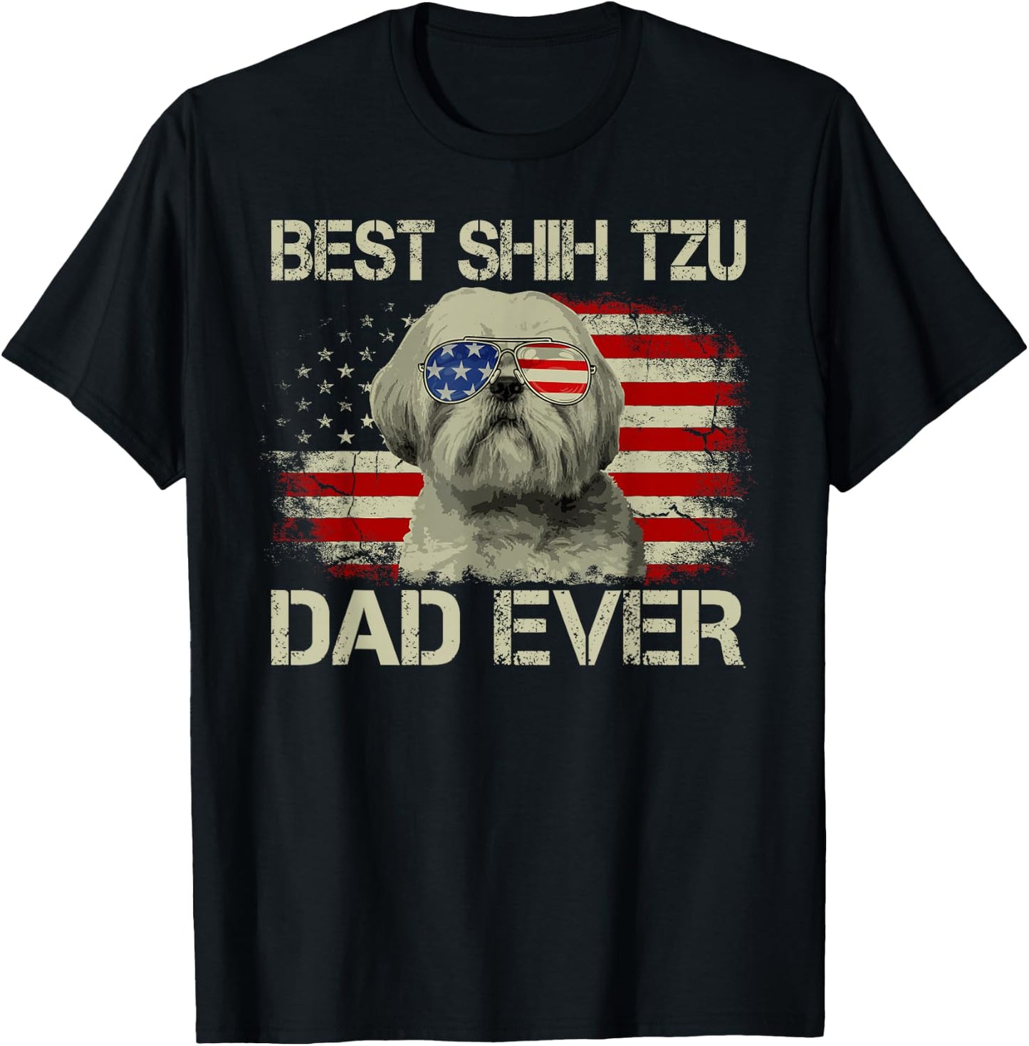 Best Shih Tzu Dad Ever Dog Lover American Flag Gift T-Shirt - T-Shirt | Black