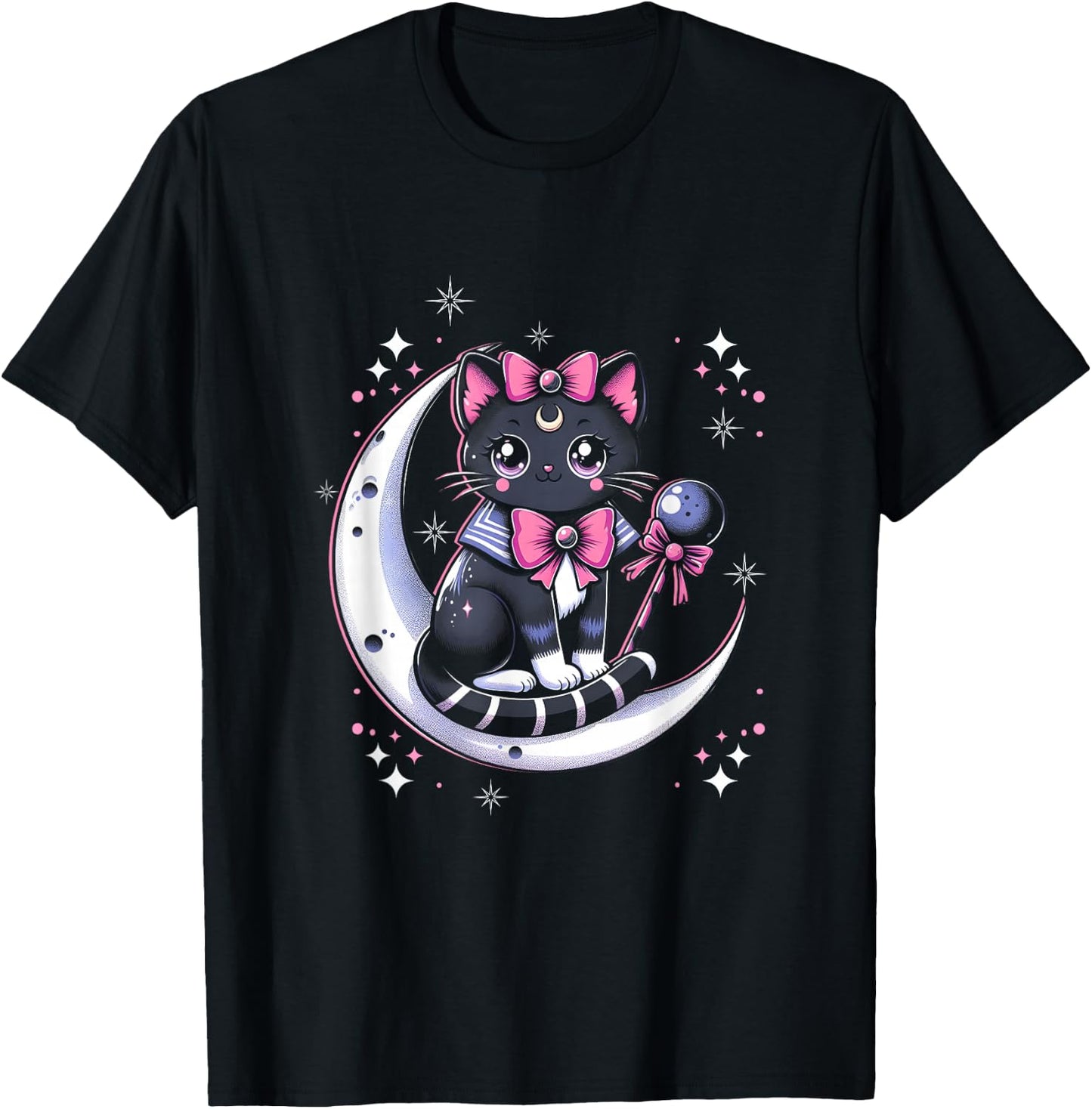 Sailor Meow Cat Sitting On The Moon Space Gothic Halloween T-Shirt - T-Shirt | Black