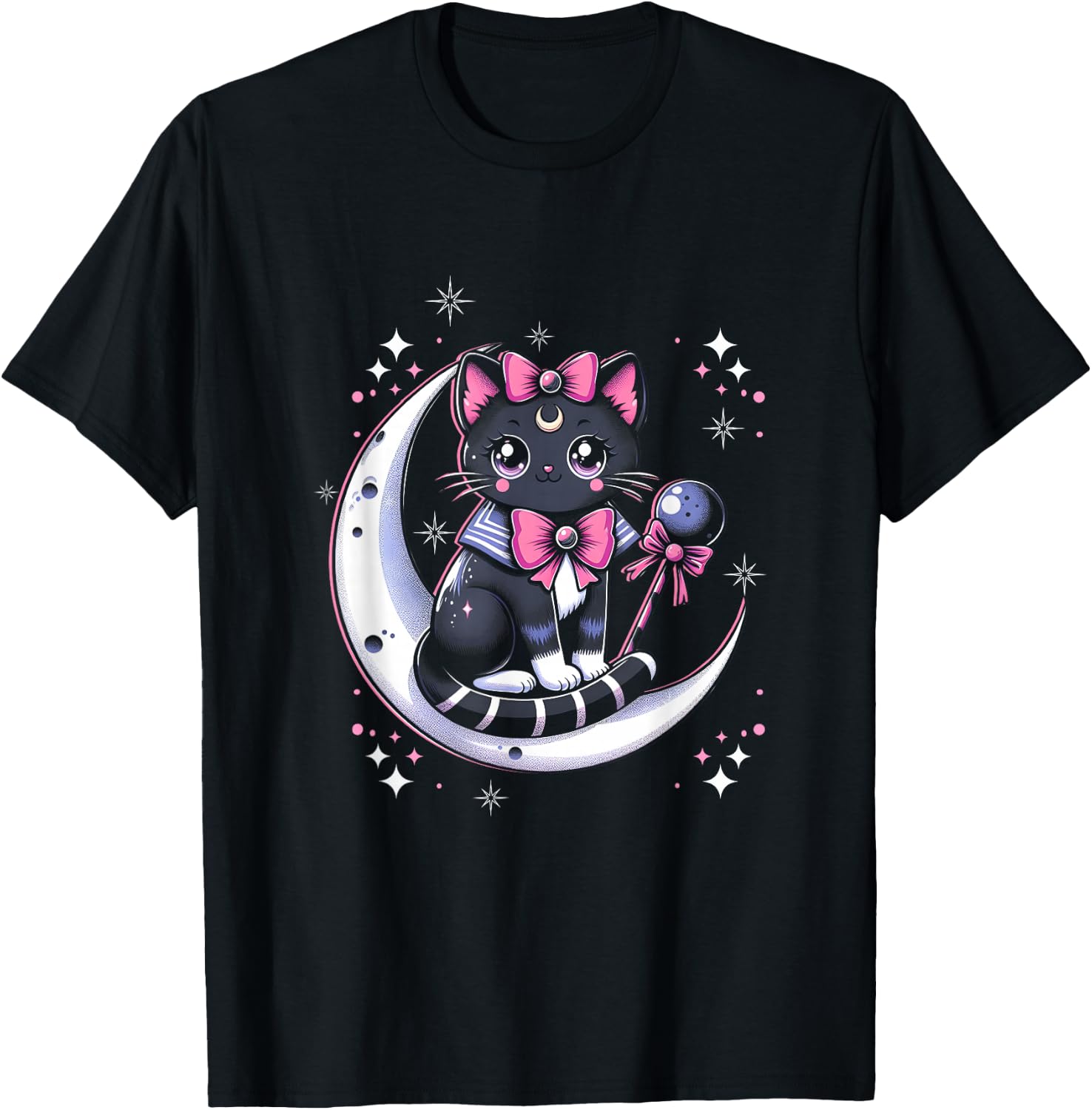 Sailor Meow Cat Sitting On The Moon Space Gothic Halloween T-Shirt - T-Shirt | Black