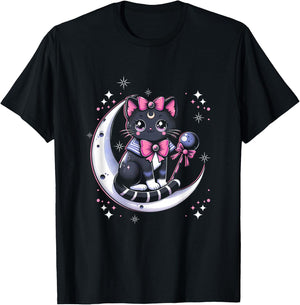 Sailor Meow Cat Sitting On The Moon Space Gothic Halloween T-Shirt - T-Shirt | Black