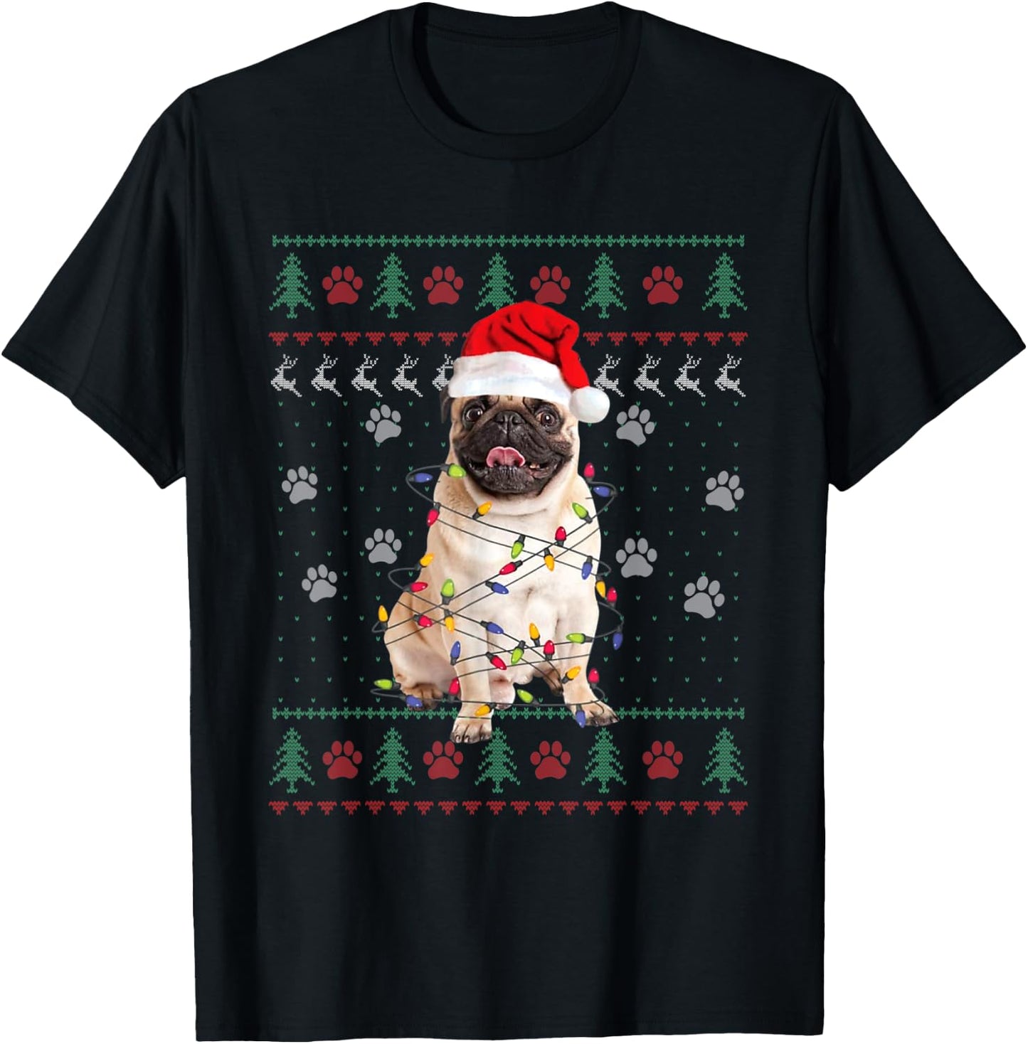 Pug Dog Ugly Christmas Sweater Santa Hat Animal Xmas Pajama T-Shirt - T-Shirt | Black