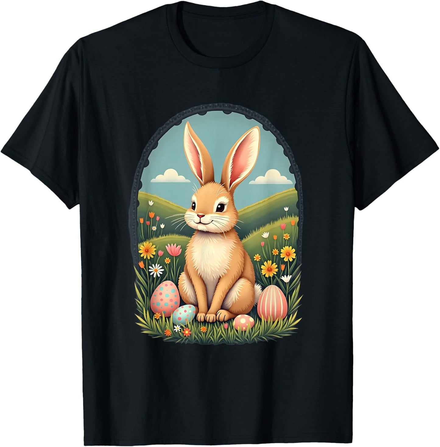 Cute and Playful Adorable Easter Bunny with Painted Eggs T-Shirt - T-Shirt | Black