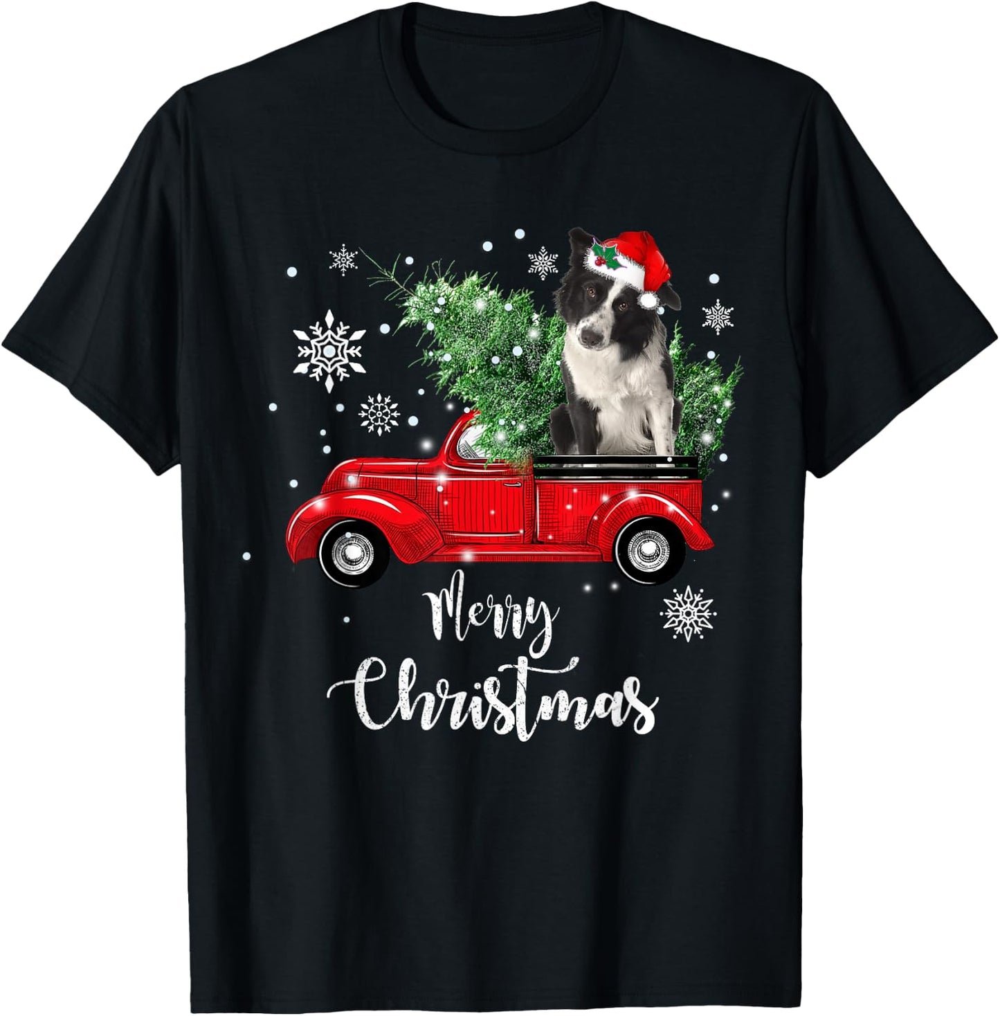 Red Truck Merry Christmas Tree Border Collie Dog Christmas T-Shirt - T-Shirt | Black
