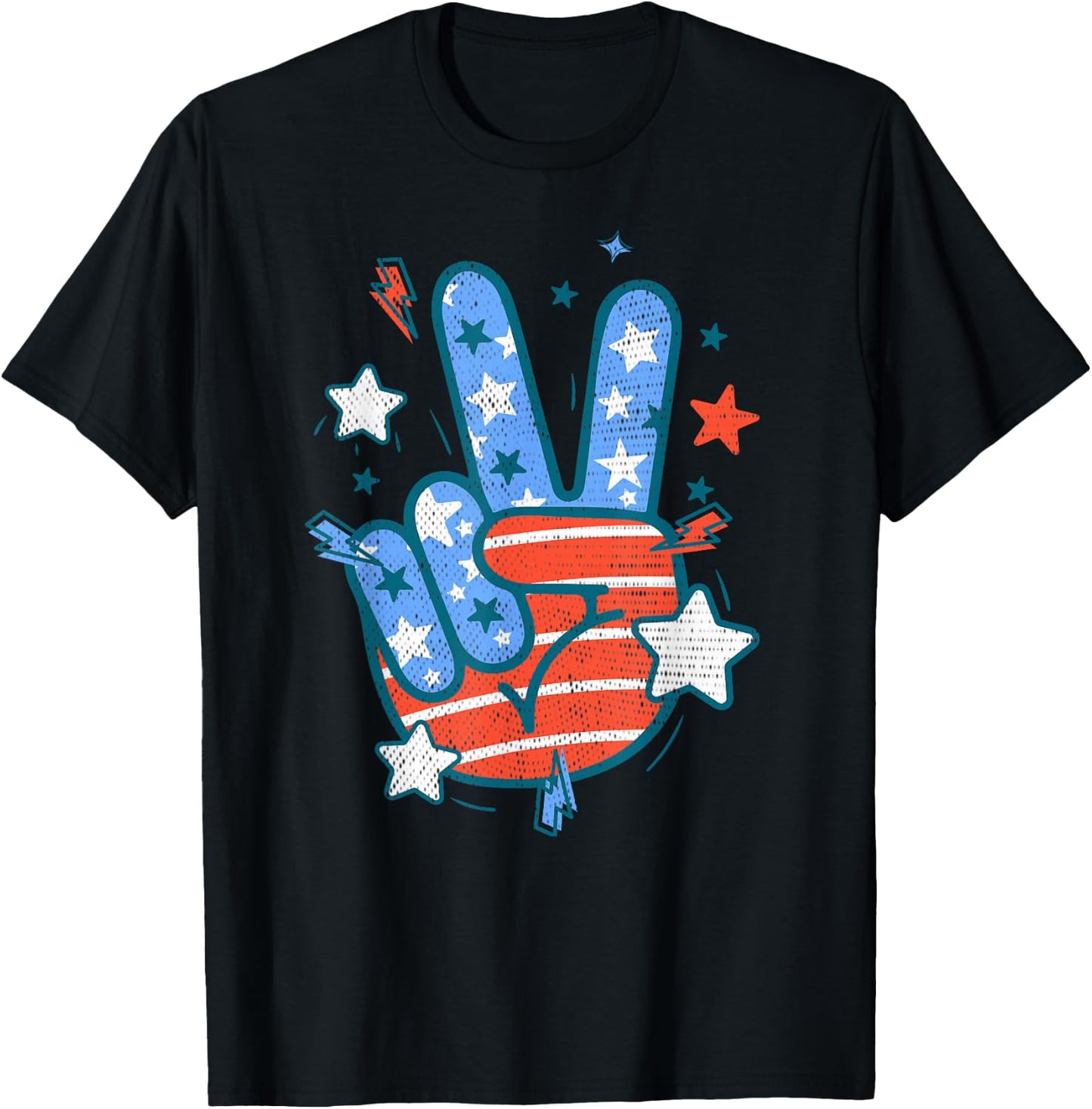 USA Flag Peace Sign Hand Fourth of July Patriotic Men Women T-Shirt - T-Shirt | Black