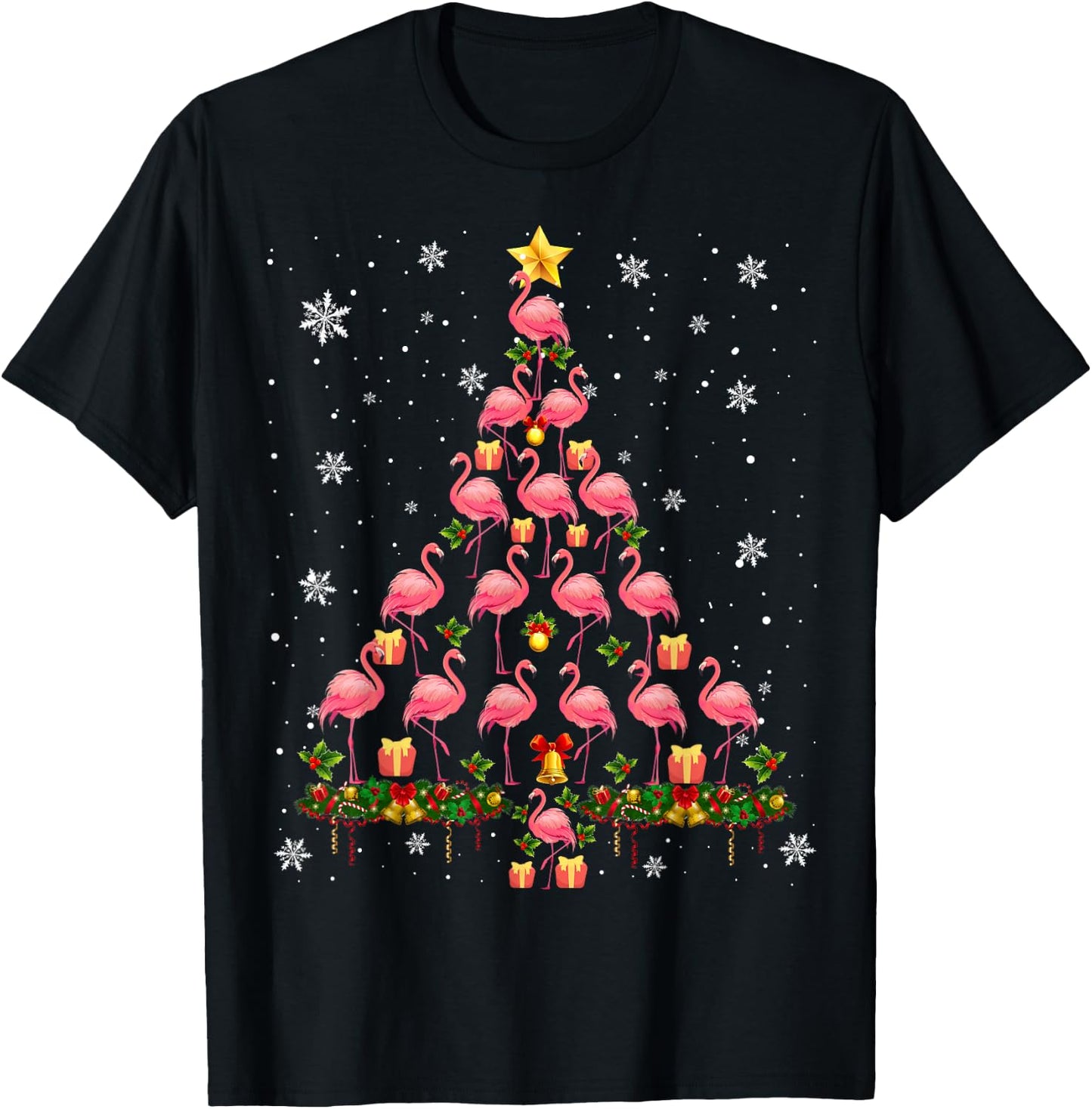 Pink Flamingo Christmas Tree Funny Animal Lover T-Shirt - T-Shirt | Black