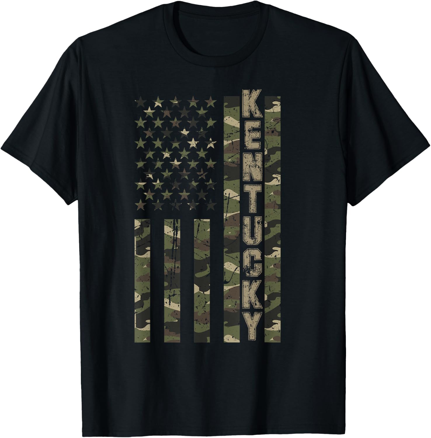 Kentucky United States Distressed Camo w US Flag T-Shirt - T-Shirt | Black