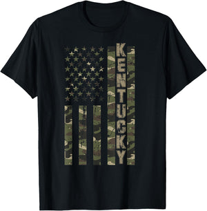 Kentucky United States Distressed Camo w US Flag T-Shirt - T-Shirt | Black