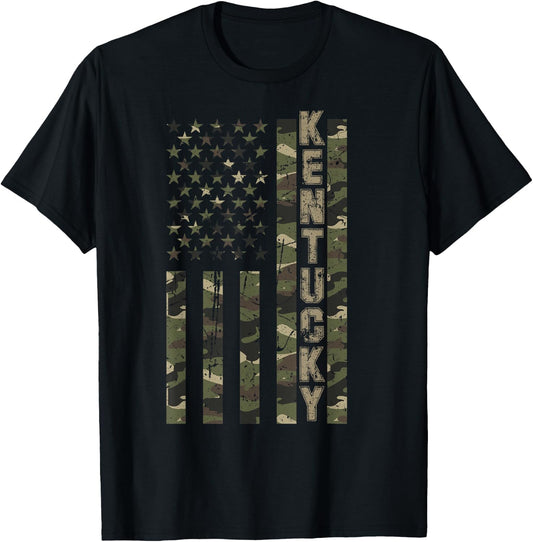 Kentucky United States Distressed Camo w US Flag T-Shirt - T-Shirt | Black
