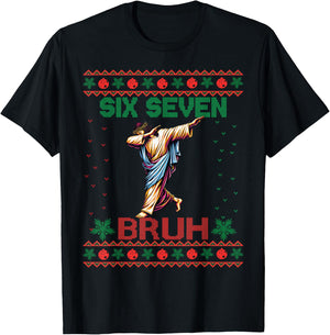 Dabbing Jesus Says Six Seven 67 Meme Ugly Christmas Sweater T-Shirt - T-Shirt | Black