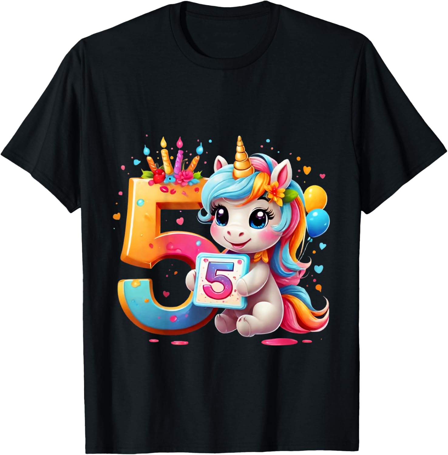 Children's Number 5 Years Girls Unicorn 5th Birthday , black T-Shirt - T-Shirt | Black