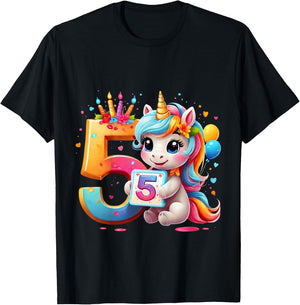 Children's Number 5 Years Girls Unicorn 5th Birthday , black T-Shirt - T-Shirt | Black
