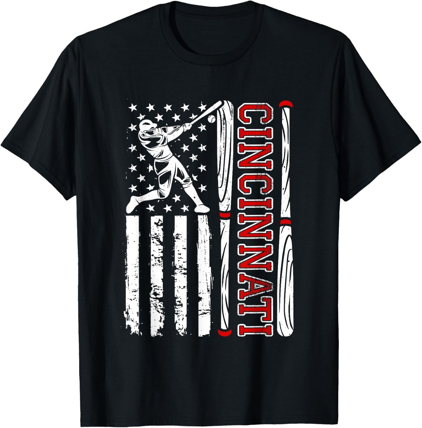 American Flag Vintage Cincinnati Baseball Lover Men Women T-Shirt - T-Shirt | Black