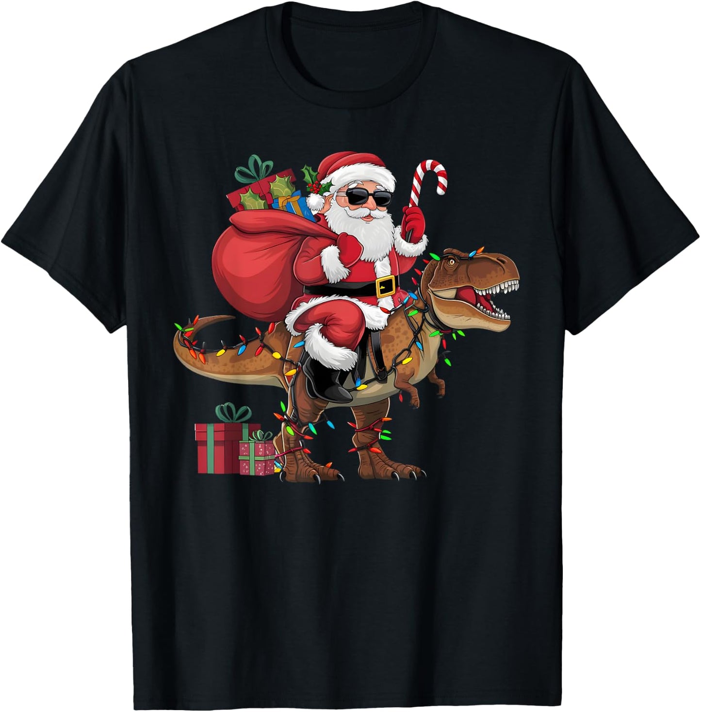 Xmas Lighting Santa Riding Dinosaur T-Rex Christmas T-Shirt - T-Shirt | Black