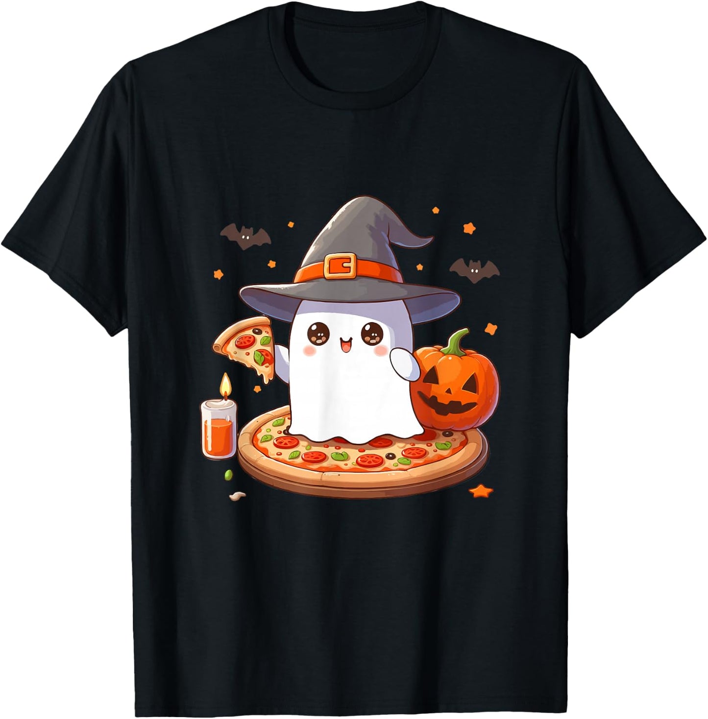 Halloween Cute Ghost Eating Pizza, Cute Ghost Pumpkin Pizza T-Shirt - T-Shirt | Black