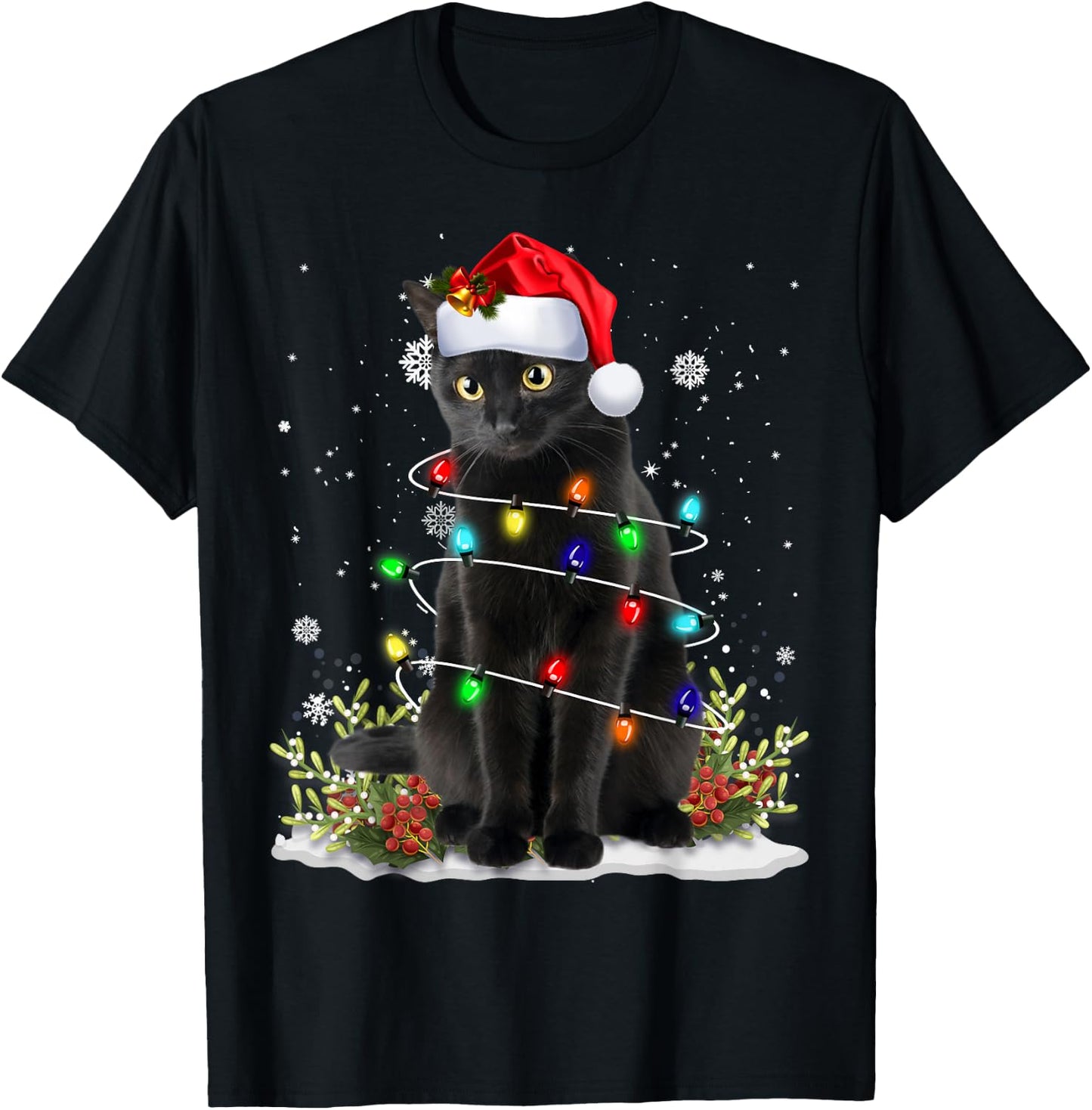 Black Cat Christmas Santa Hat Funny Meowy Cats Women Men T-Shirt - T-Shirt | Black