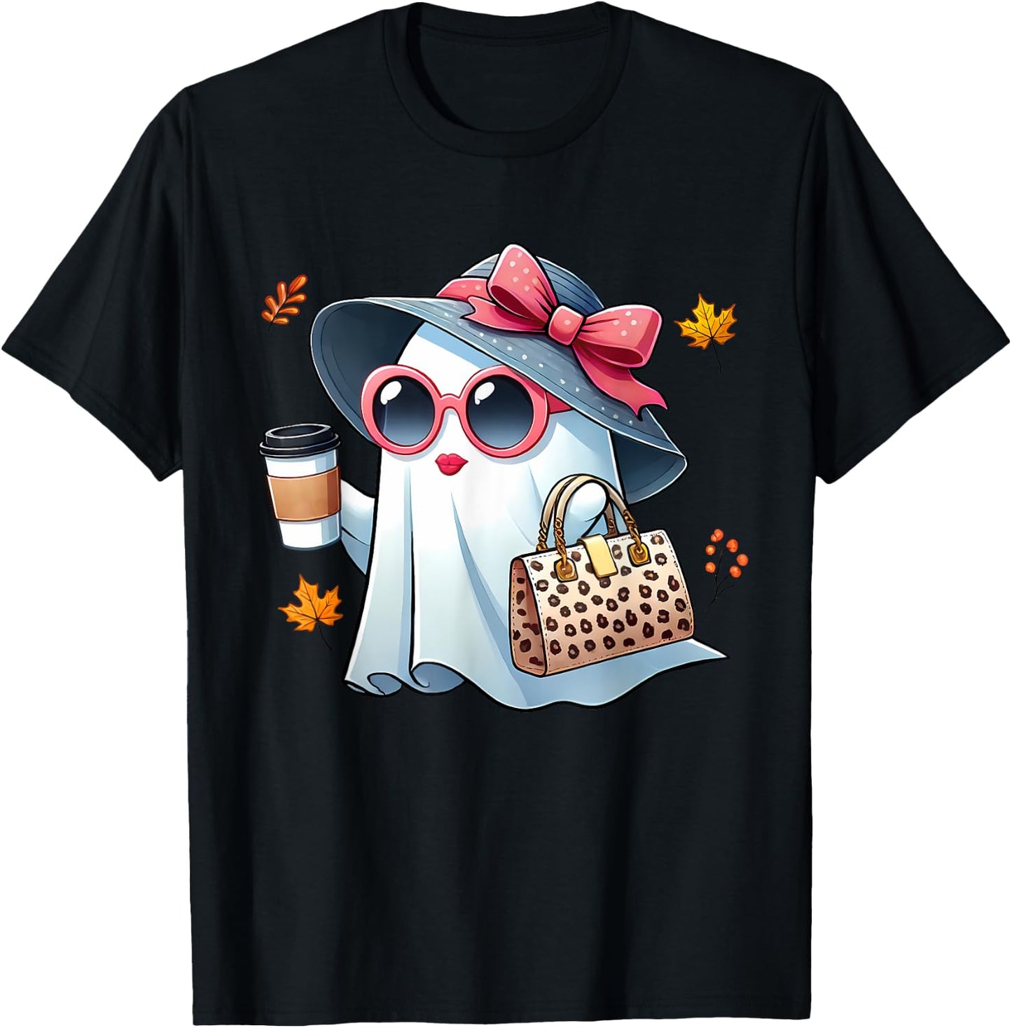 Cute Ghost Halloween Boujee Drinking Coffee Women Girls Fall T-Shirt - T-Shirt | Black