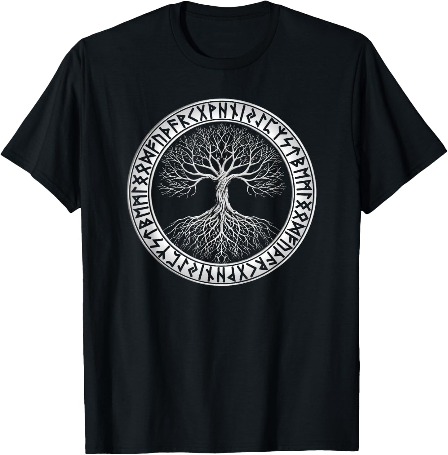 Nordic Tree of Life Yggdrasil Circle of Runes Viking T-Shirt - T-Shirt | Black