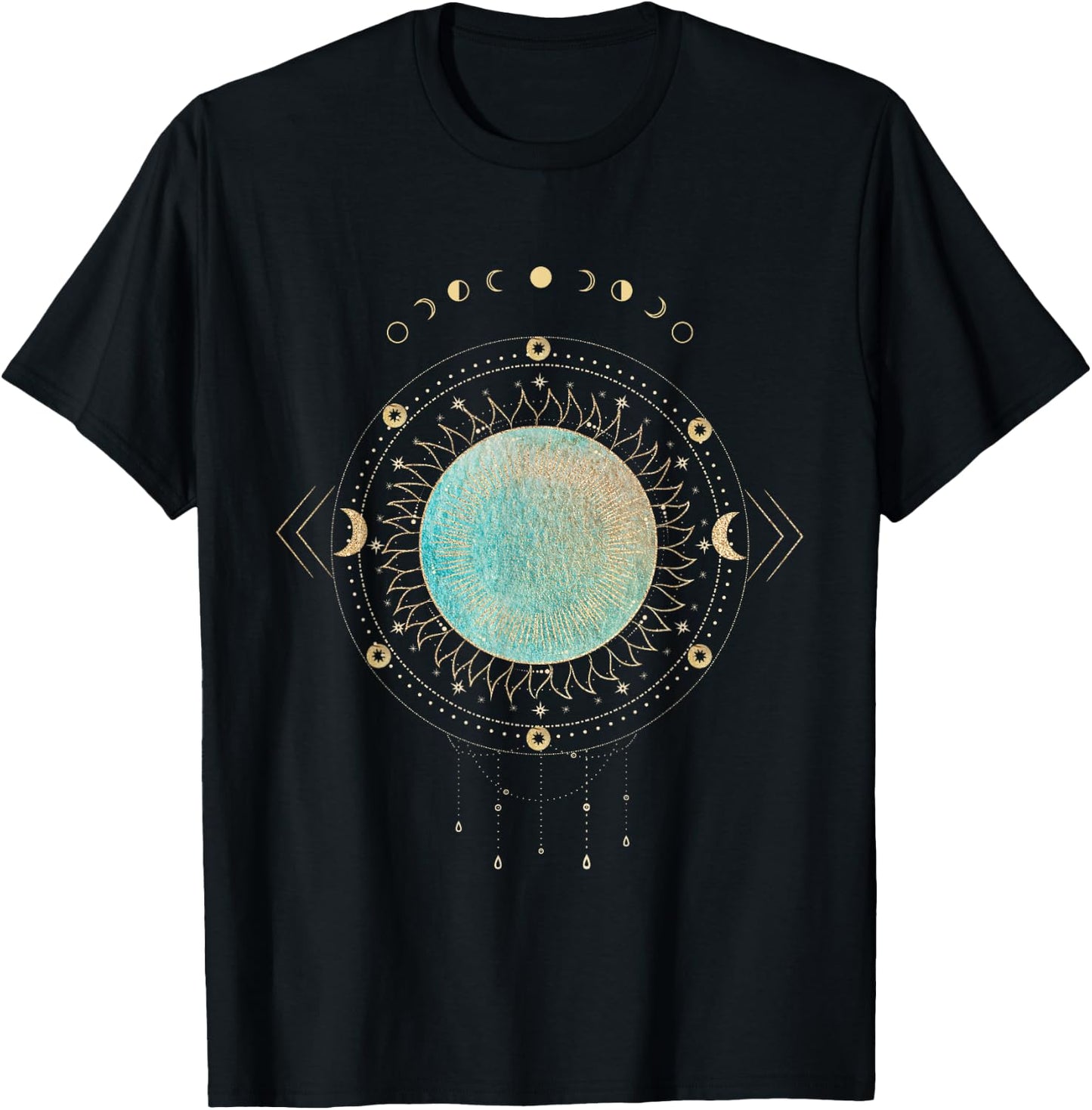 Sonne mit Traumfänger und goldener Mondphasen-Illustration T-Shirt - T-Shirt | Black