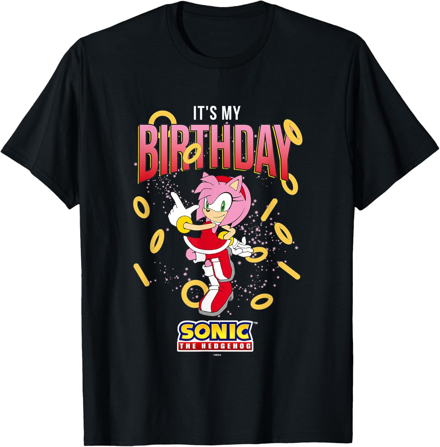 Sonic The Hedgehog Birthday It's My Birthday Amy Rose Rings T-Shirt - T-Shirt | Black