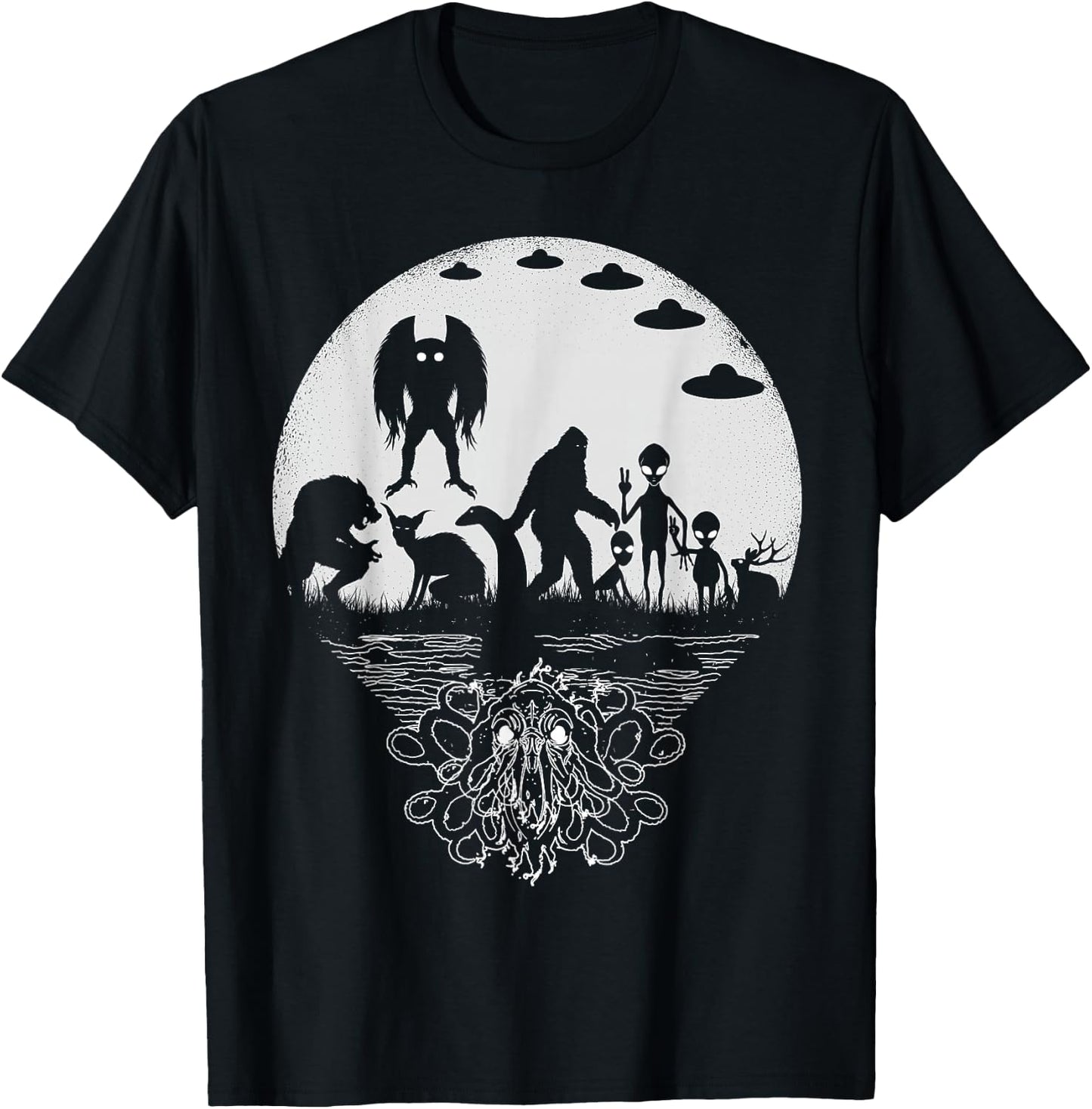 Bigfoot Mothman Loch Ness Monster And Aliens! Funny Cryptid T-Shirt - T-Shirt | Black
