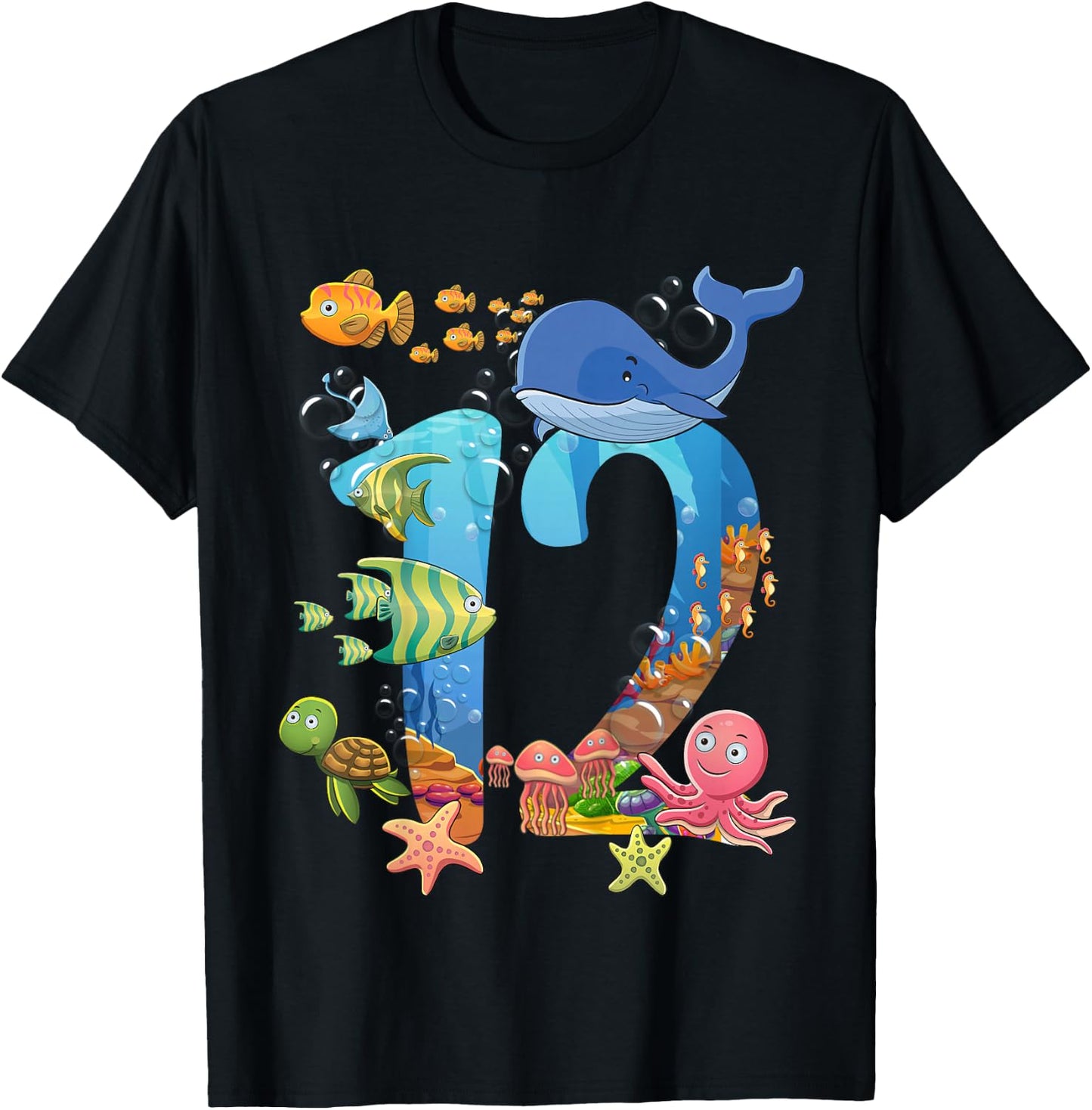 12 Years Old Sea Fish Ocean Animal 12th Birthday Boy Girl T-Shirt - T-Shirt | Black