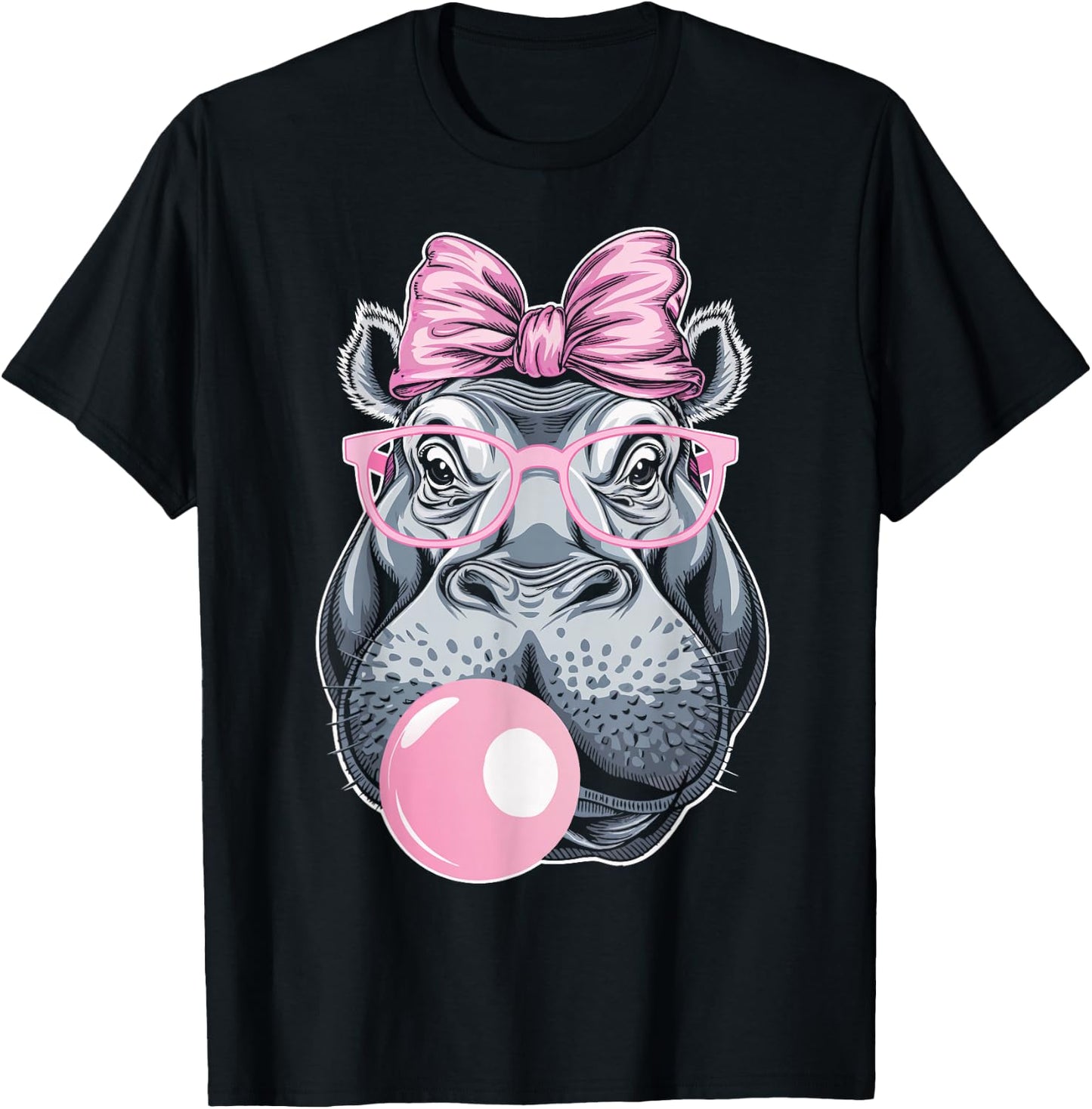 Hippo Wearing Glasses and Blowing Pink Bubble Gum T-Shirt - T-Shirt | Black